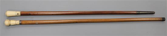 Two 19th century malacca canes, 39.5in. and 37.5in.